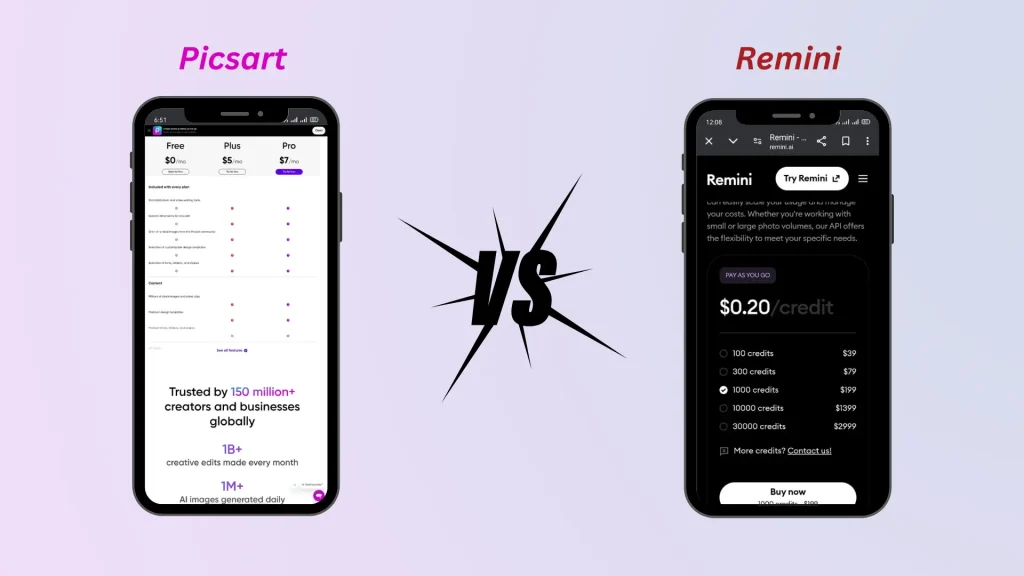 PicsArt vs. Remini Pricing overview