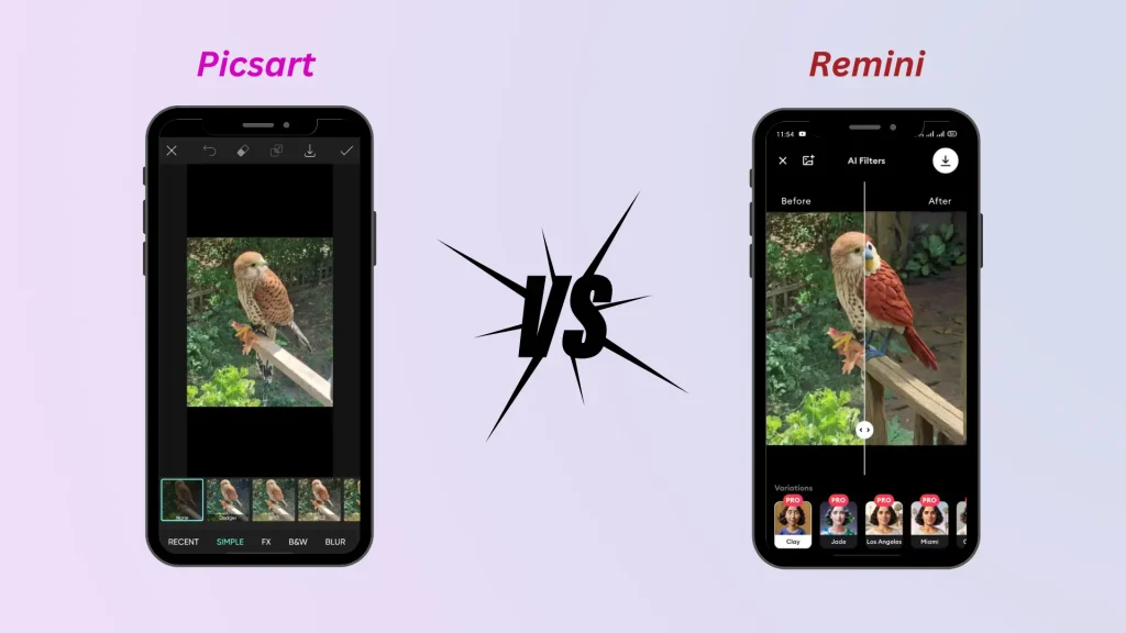 PicsArt vs. Remini filters and effects feature
