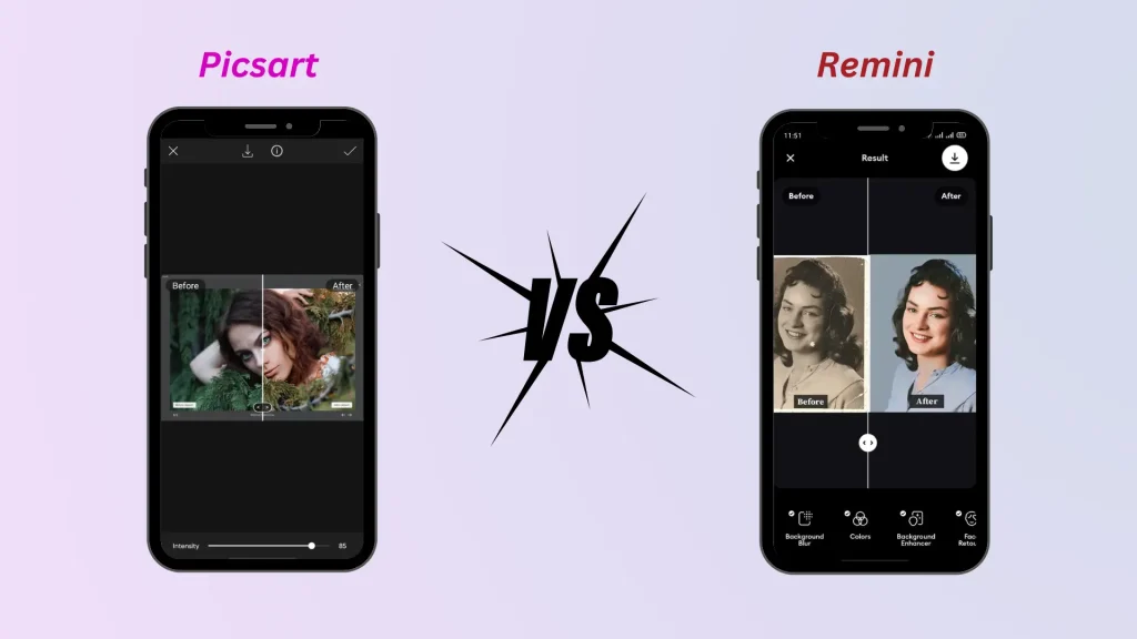 PicsArt vs. Remini photo enhancement feature