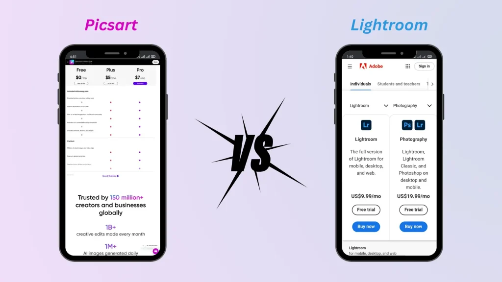 PicsArt vs Lightroom Pricing