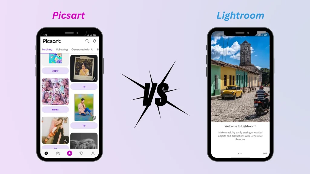 PicsArt vs Lightroom app interface