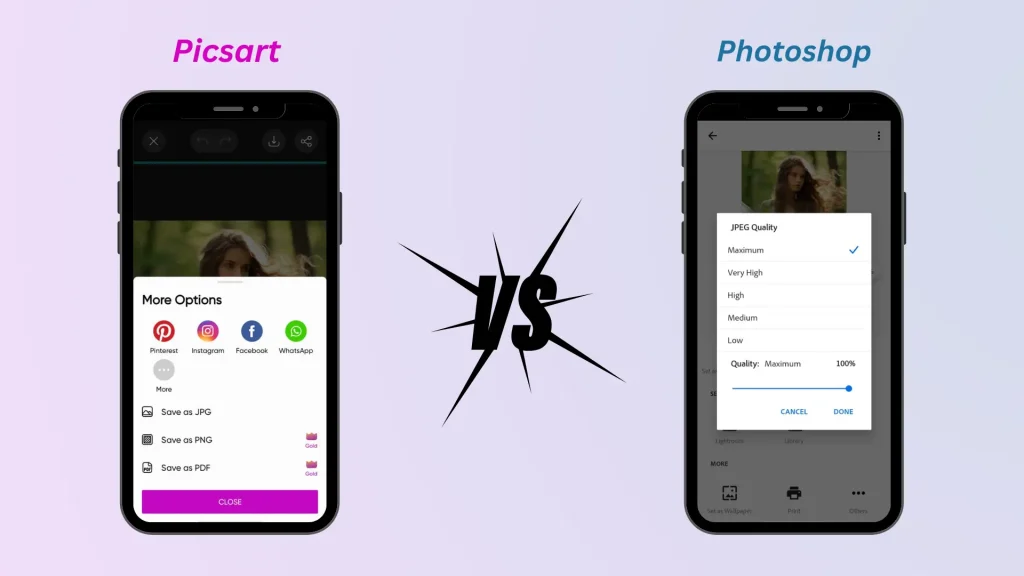 PicsArt vs Photoshop Express File Saving formats