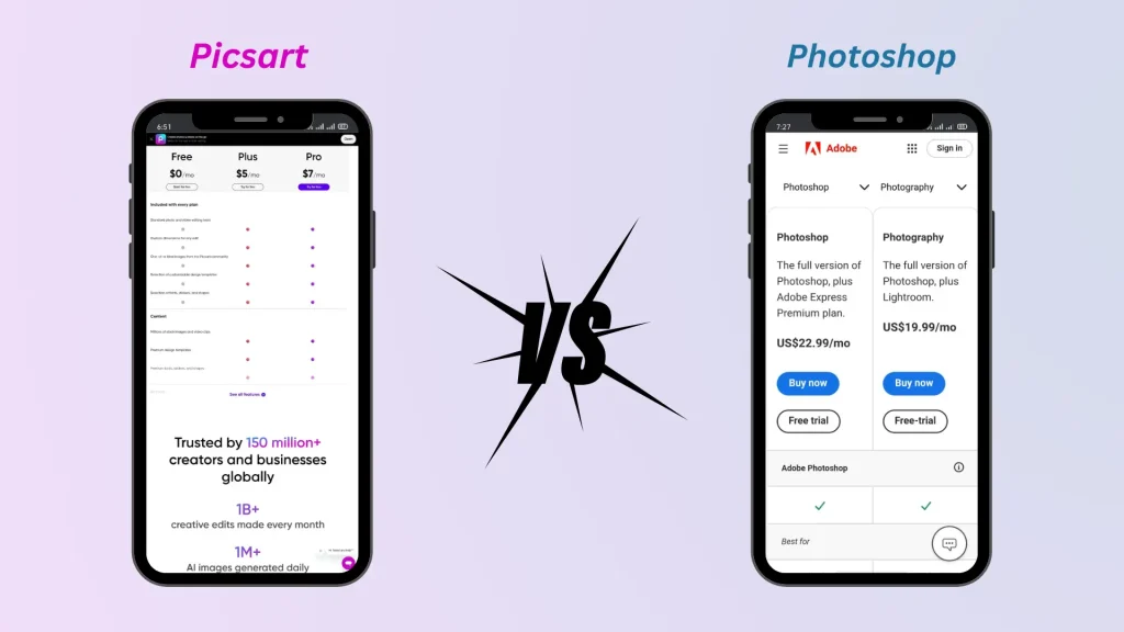 PicsArt vs Photoshop Express Pricing