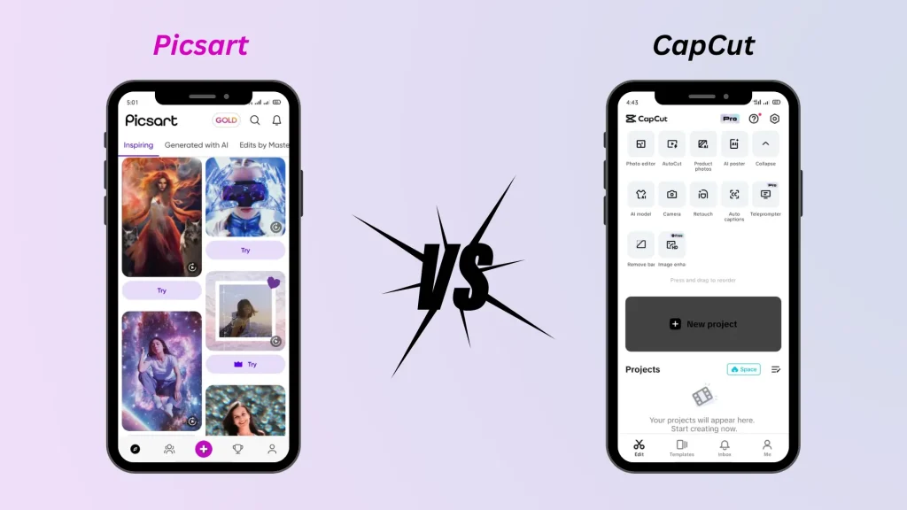 PicsArt vs CapCut App Interfaces Comparison